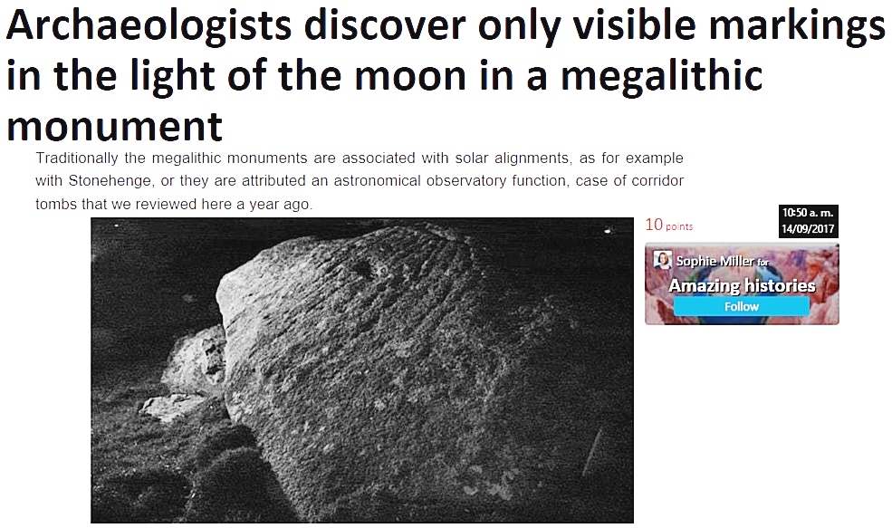Los arque&oacute;logos descubren marcas de luz s&oacute;lo visibles a/con la luz de la luna en un monumento/dolmen