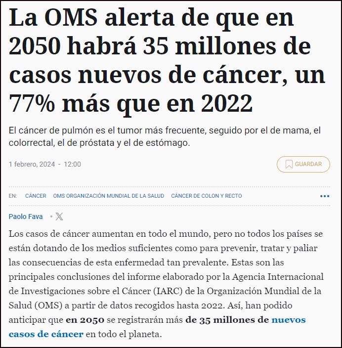  La OMS advierte sobre nuevos 35 millones de casos de c&aacute;ncer en 2050