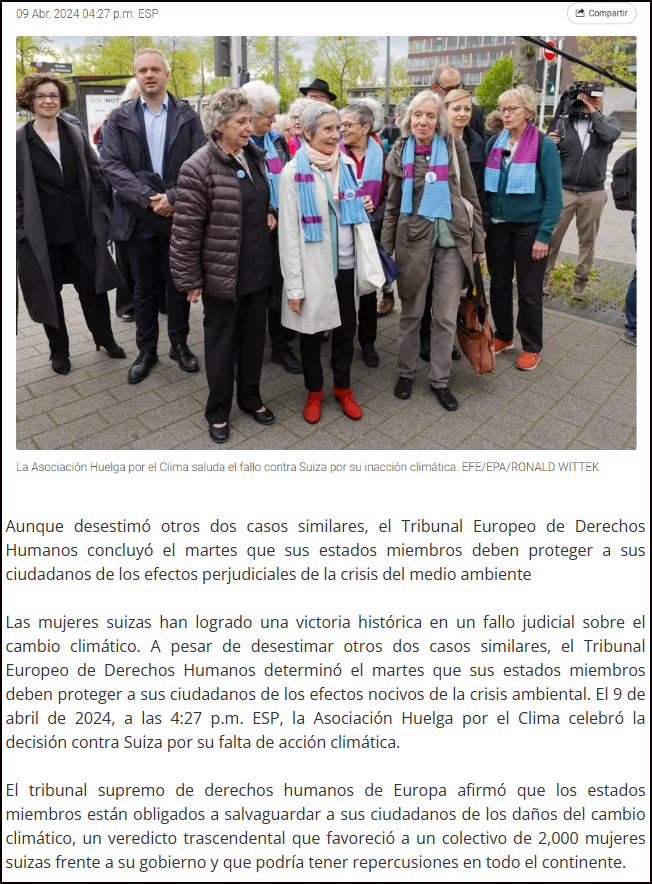 Mujeres logran sentencia judicial hist&oacute;rica contra Suiza por incumplir protecci&oacute;n ante Camb&ordm; Climat&ordm;