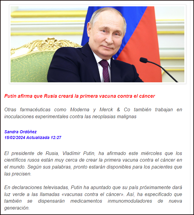 La Rusia de Putin muy cerca de ganar la carrera para conseguir la vacuna contra el c&aacute;ncer