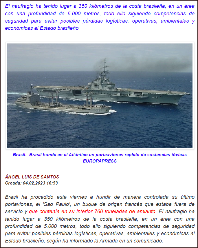  Desastre medioambiental: La Armada brasile&ntilde;a hunde en el mar su portaaviones Sao Paulo