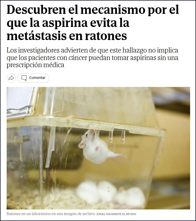 Investigaci&oacute;n: Descubren el mecanismo por el que la aspirina evita la met&aacute;stasis en ratones