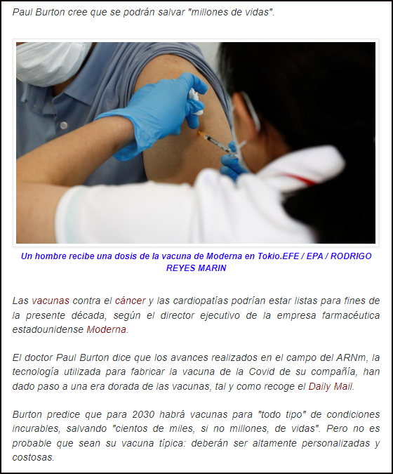 Habr&aacute; vacunas contra el c&aacute;ncer y la cardiopat&iacute;a en 2030 (y otras), seg&uacute;n el jefe de Moderna