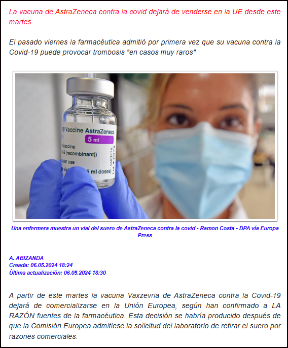  Astra Zeneca, su vacuna contra la COVID dejar&aacute; de venderse en la UE