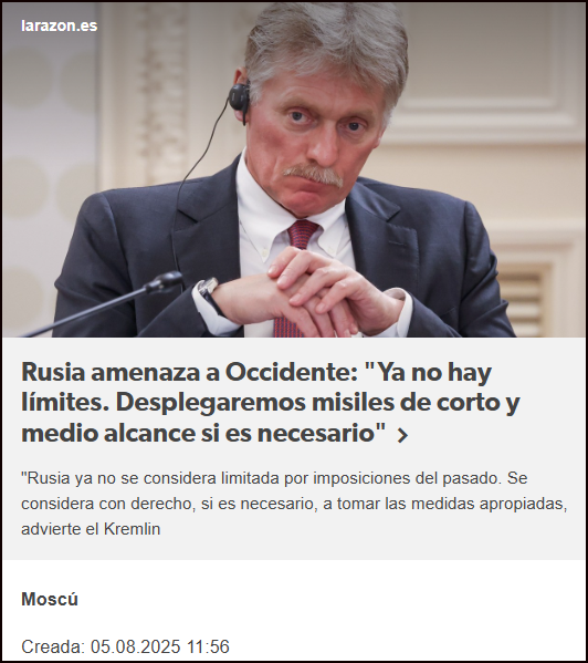  Rusia amenaza a Occidente: "Ya no hay l&iacute;mites. Desplegaremos misiles de corto y medio alcance si es