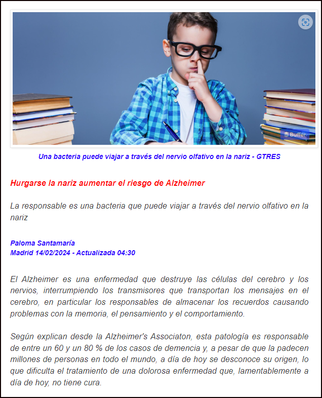  Una bacteria que viaja por el nervio olfativo puede provocar Alzheimer