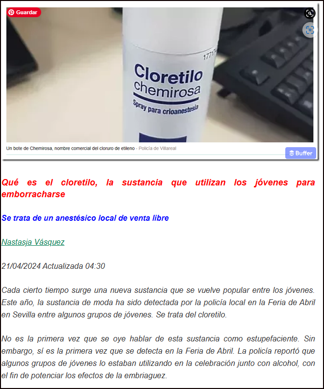  CLORETILO, nueva sustancia que sirve a los j&oacute;venes para emborracharse m&aacute;s deprisa