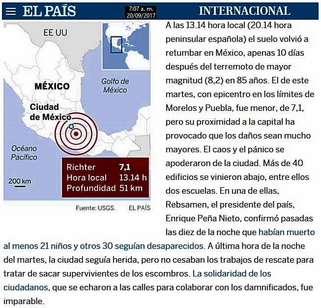 Sismo en M&eacute;xico Jueves 19 de septiembre de 2017; 1:14 pm. (hora local)