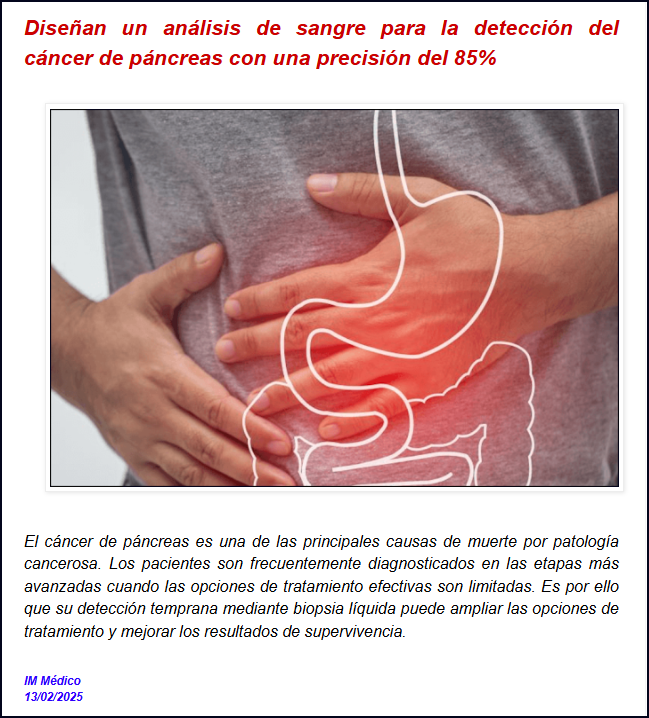  Con un an&aacute;lisis de sangre se puede detectar el cancer de p&aacute;ncreas con una precisi&oacute;n del 85%