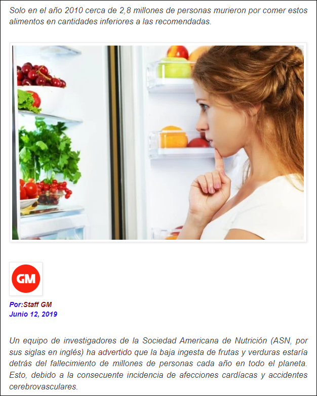  Millones de personas mueren cada a&ntilde;o por el bajo consumo de ciertos alimentos
