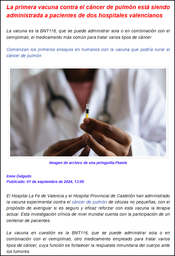 Ya se est&aacute; administrando la primera vacuna contra el c&aacute;ncer de pulm&oacute;n