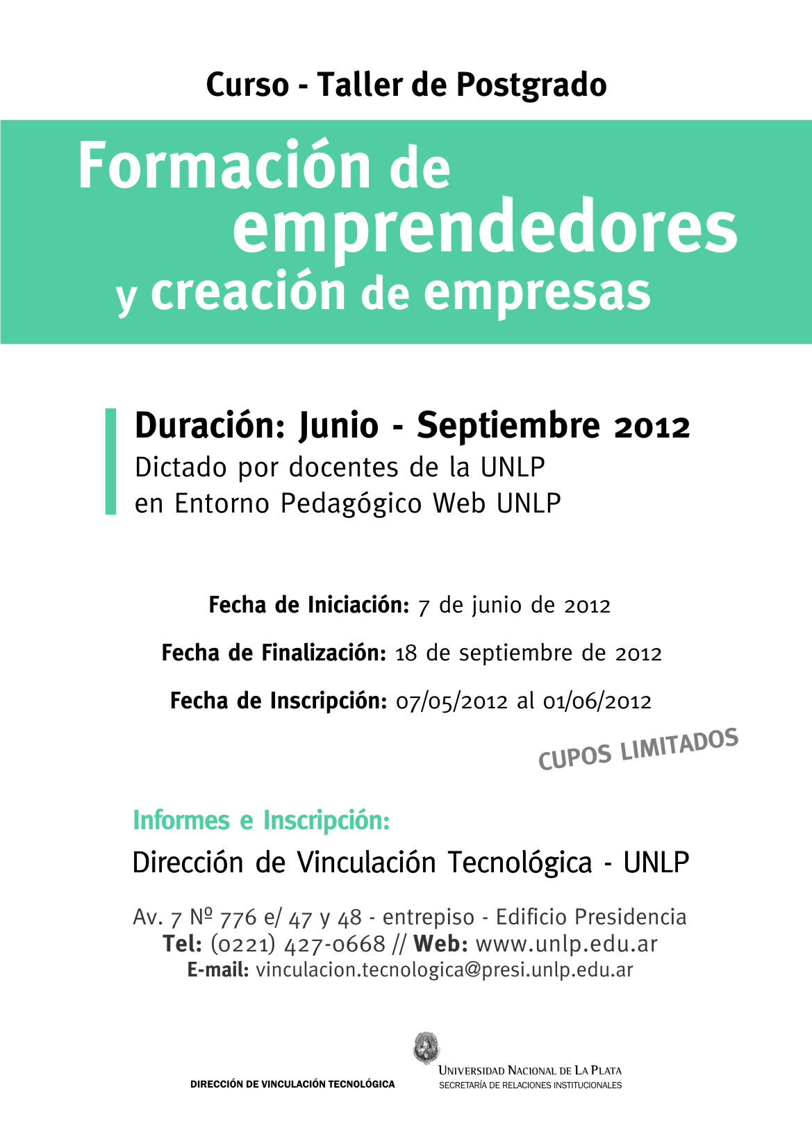 Curso Taller de Postgrado "Formaci&oacute;n de Emprendedores y Creaci&oacute;n de Empresas"